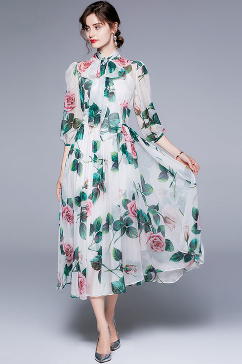 Runway Fashion Boho Chiffon Dress Bow-Neck, Lantern Sleeve, Floral Print Holiday, Cocktail, Party Women's Dress